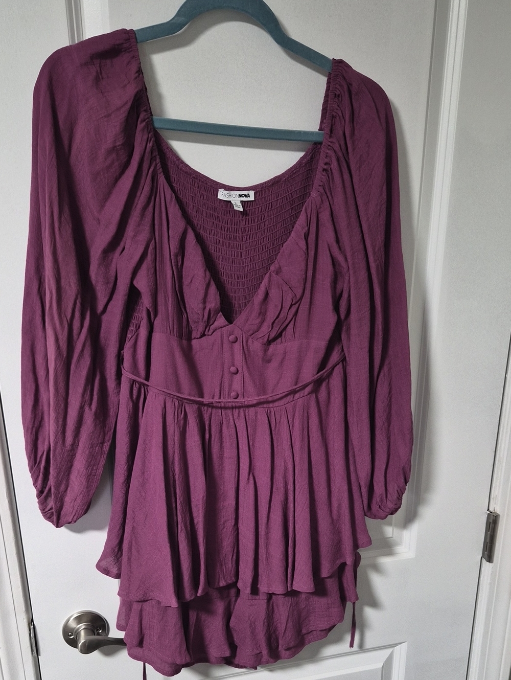 Fashion Nova Plum Tiered Peasant Romper - Long Sleeve